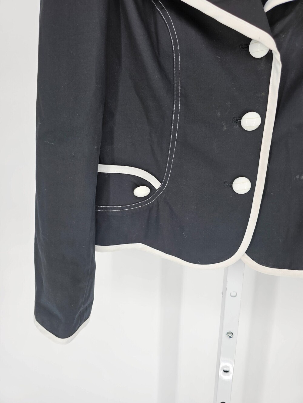 Vintage Maggy London Womens Sz L Button Up Blazer Jacket Black w/ white Trim - Picture 2 of 4